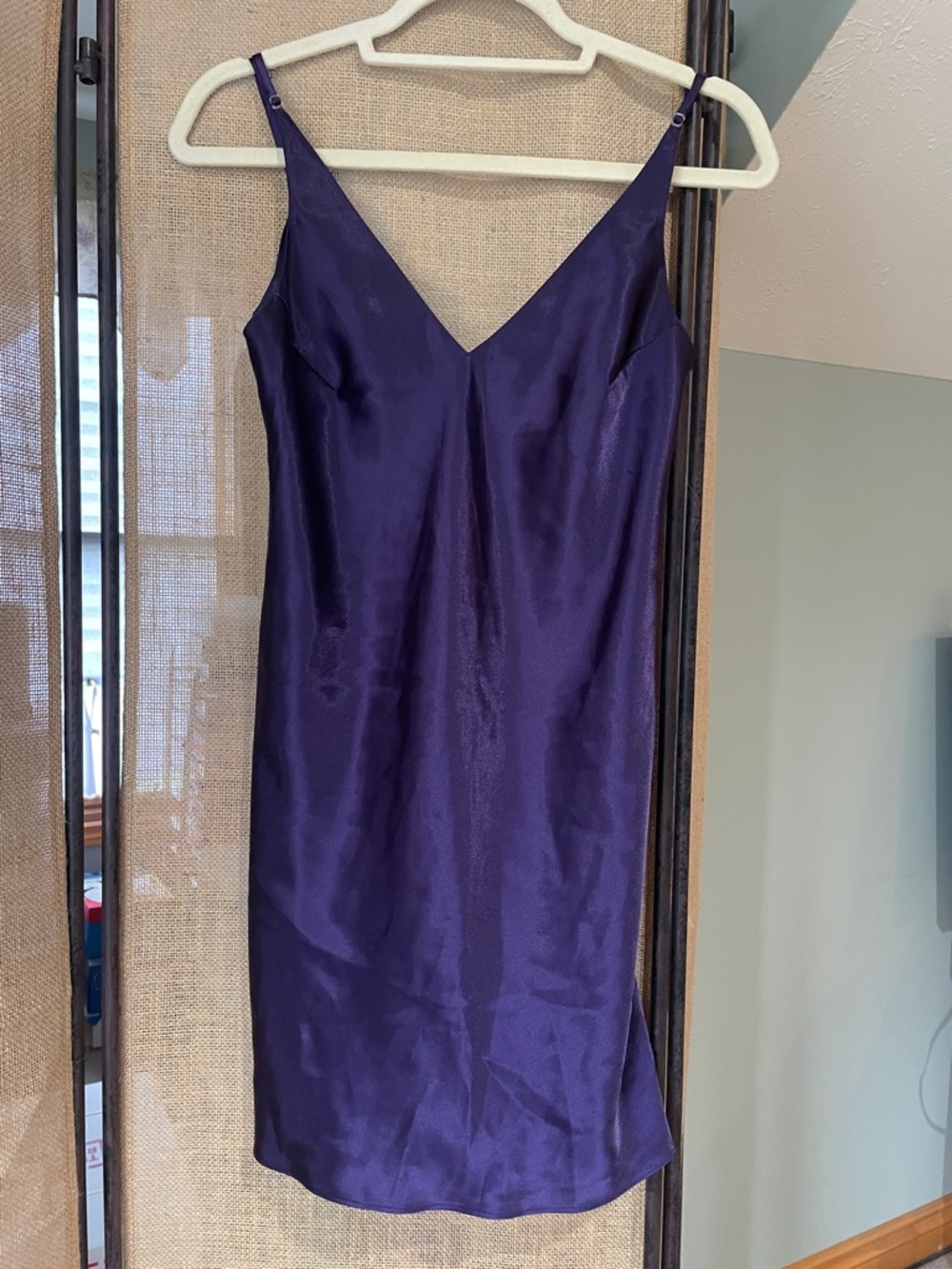 Satin V-Neck Slip Midi Dress in Deep Purple